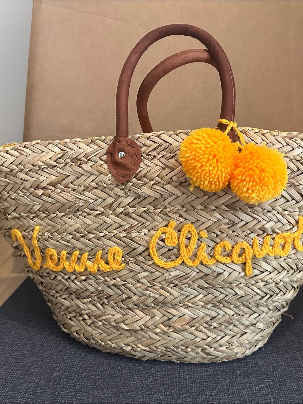 Veuve Clicquot Straw Tote Bag with Yellow Pom Poms, Blanket & 2 Champagne Cupa